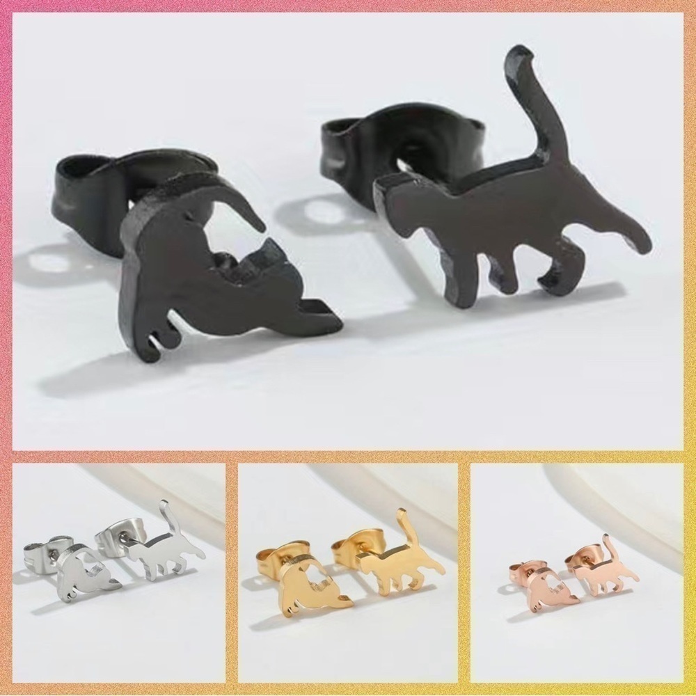Playful Cats Stainless Steel Stud Small Earrings #1409 (Color: black)